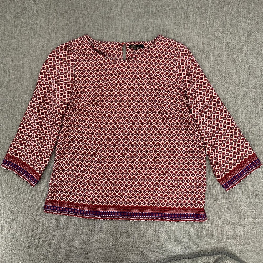 Dalia Women's Blouse Medium Red Blue Cream Wide 3/4th Sleeves Round Neckline
